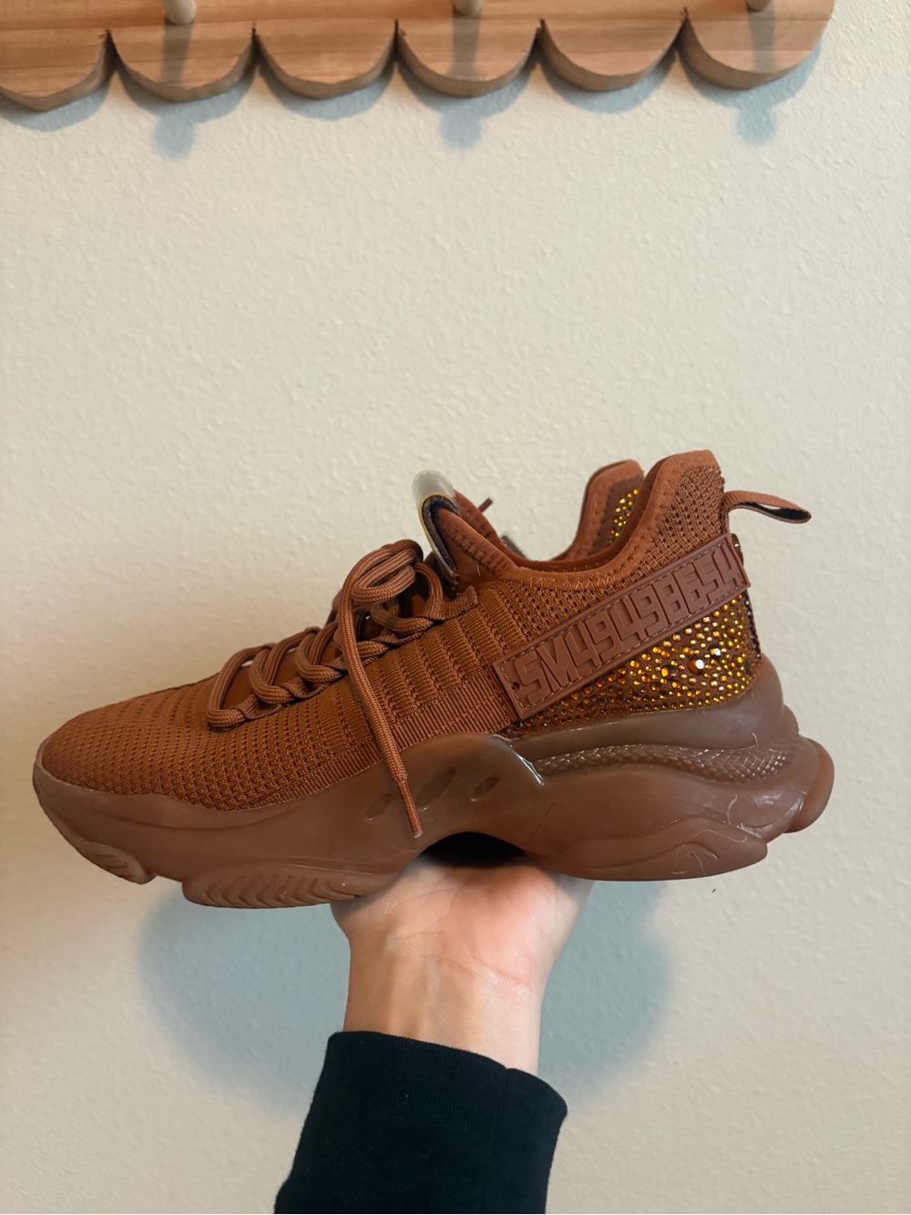 Steve Madden Chunky Knit Sneakers in Brown with Gold Rhinestone Accents